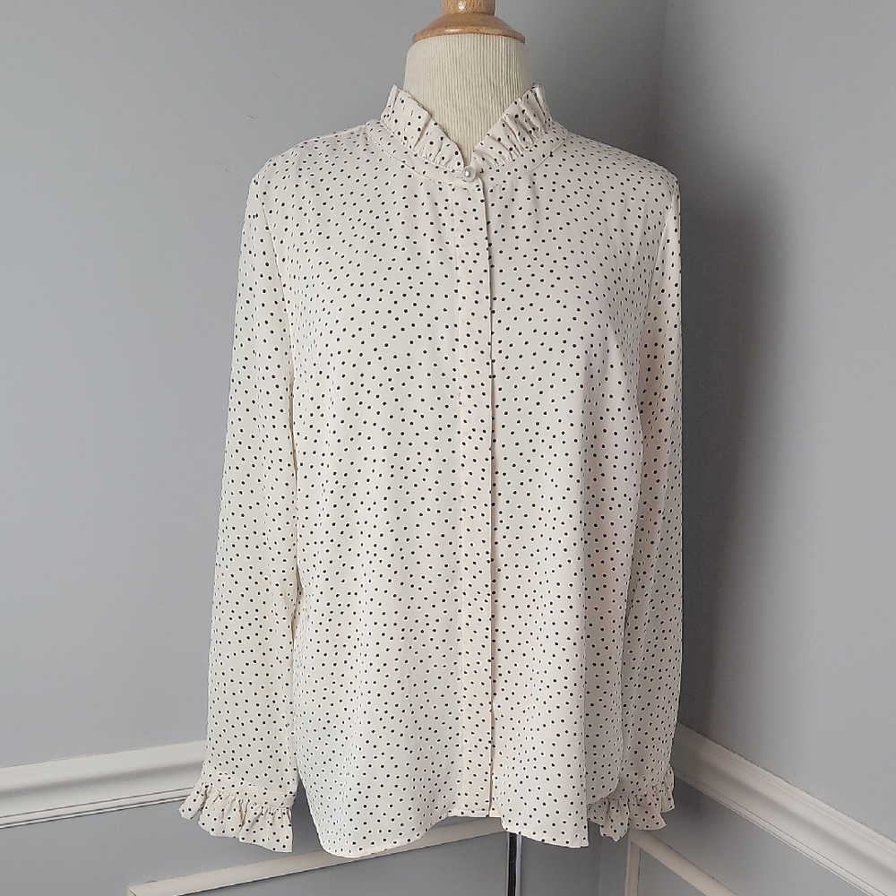 TALBOTS Cream Navy Blue Polka-Dot Ruffle Collar Cuffs Preppy Office Blouse‎ XLP